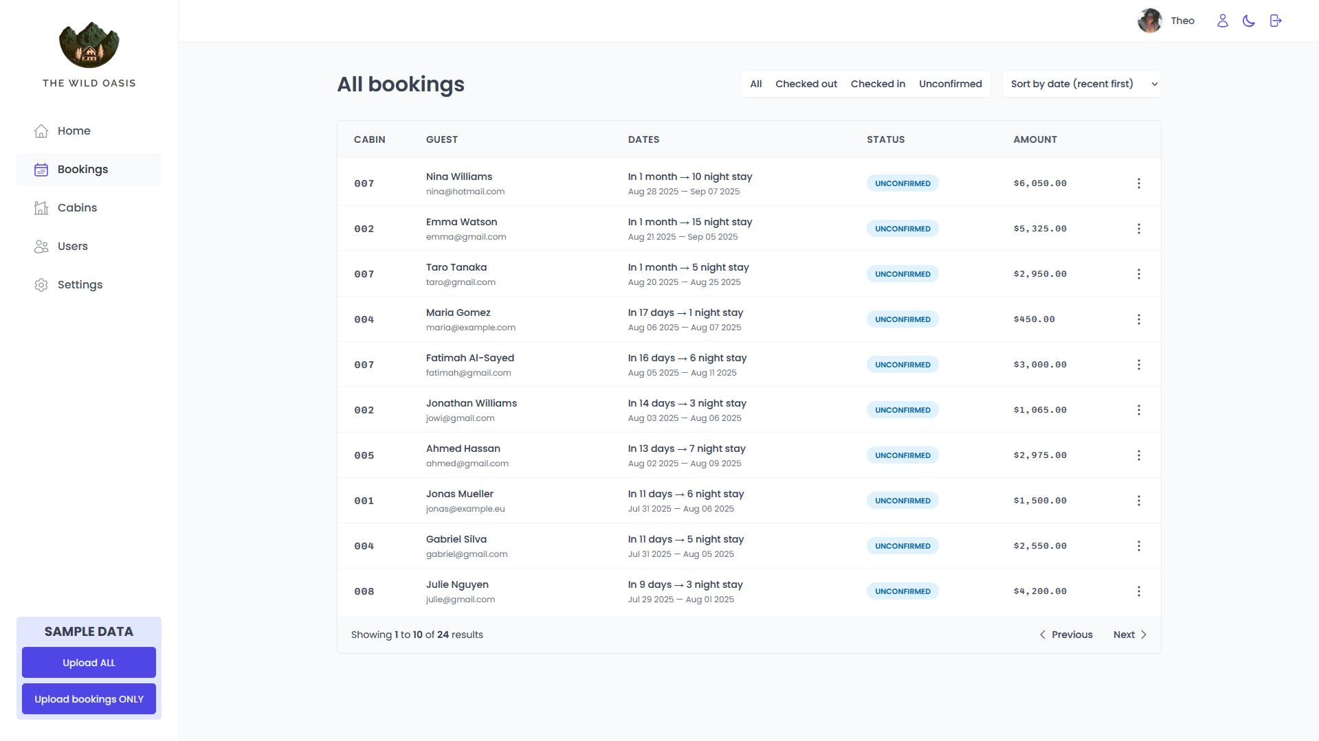 Bookings page
